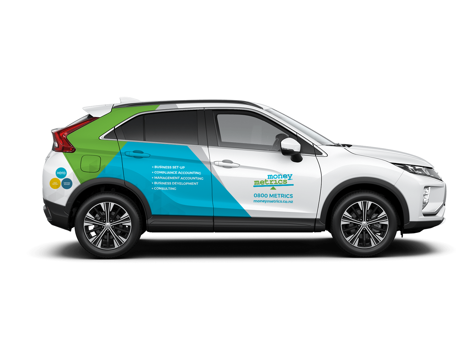 MM M Eclipse Driver Side Signage 01 Money Metrics branded vehicle | Money Metrics Chartered Accountants NZ